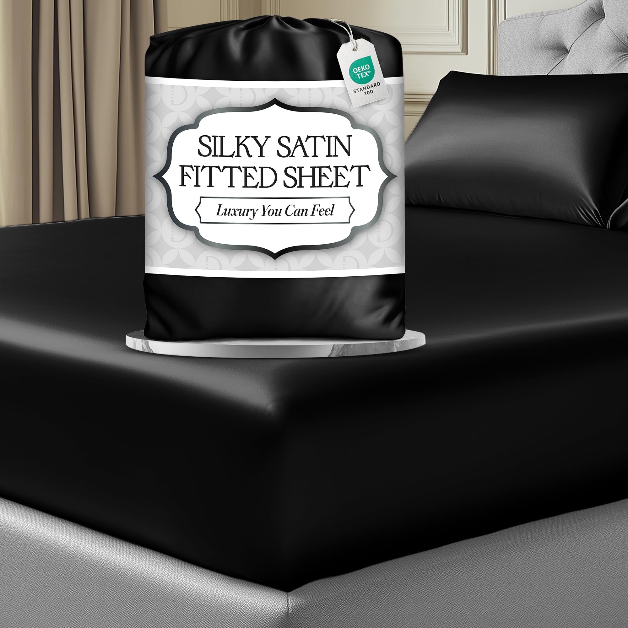 DECOLURE Satin Fitted Sheet King Size (1 PC) – Luxuriously Smooth & Softer Than Silk Bed Sheets w/ 15 Inch Deep Pocket Hypoallergenic Wrinkle Free, Secure Snug Fit, Elastic Corner Straps (Black)