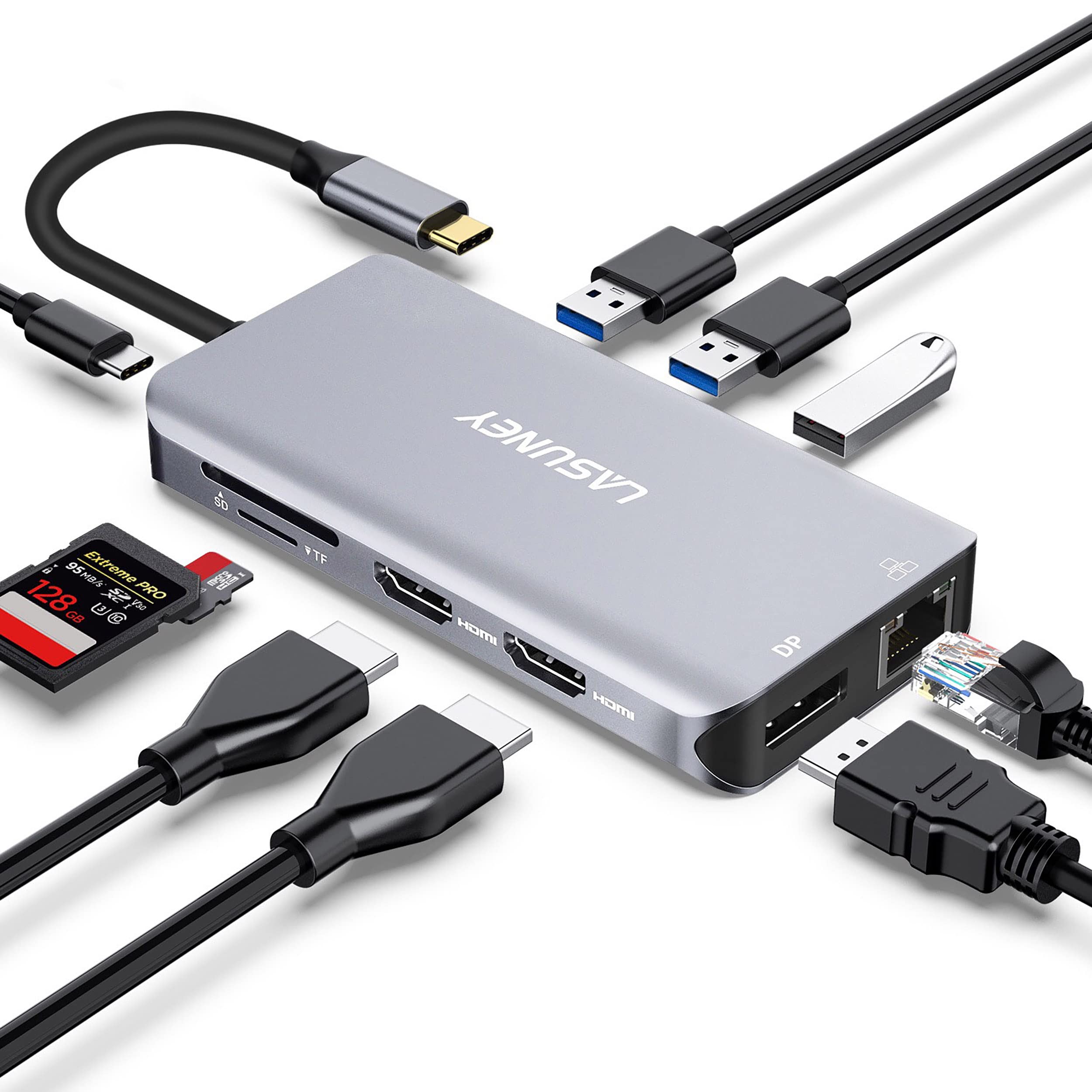 Photo 1 of Lasuney Triple Display 10 in 1 USB Type C HUB with to 2 HDMI, Displayport, PD3.0, Ethernet, 3 USB Ports, SD/TF, Multiport Adapter Docking Station Dongle for Laptop