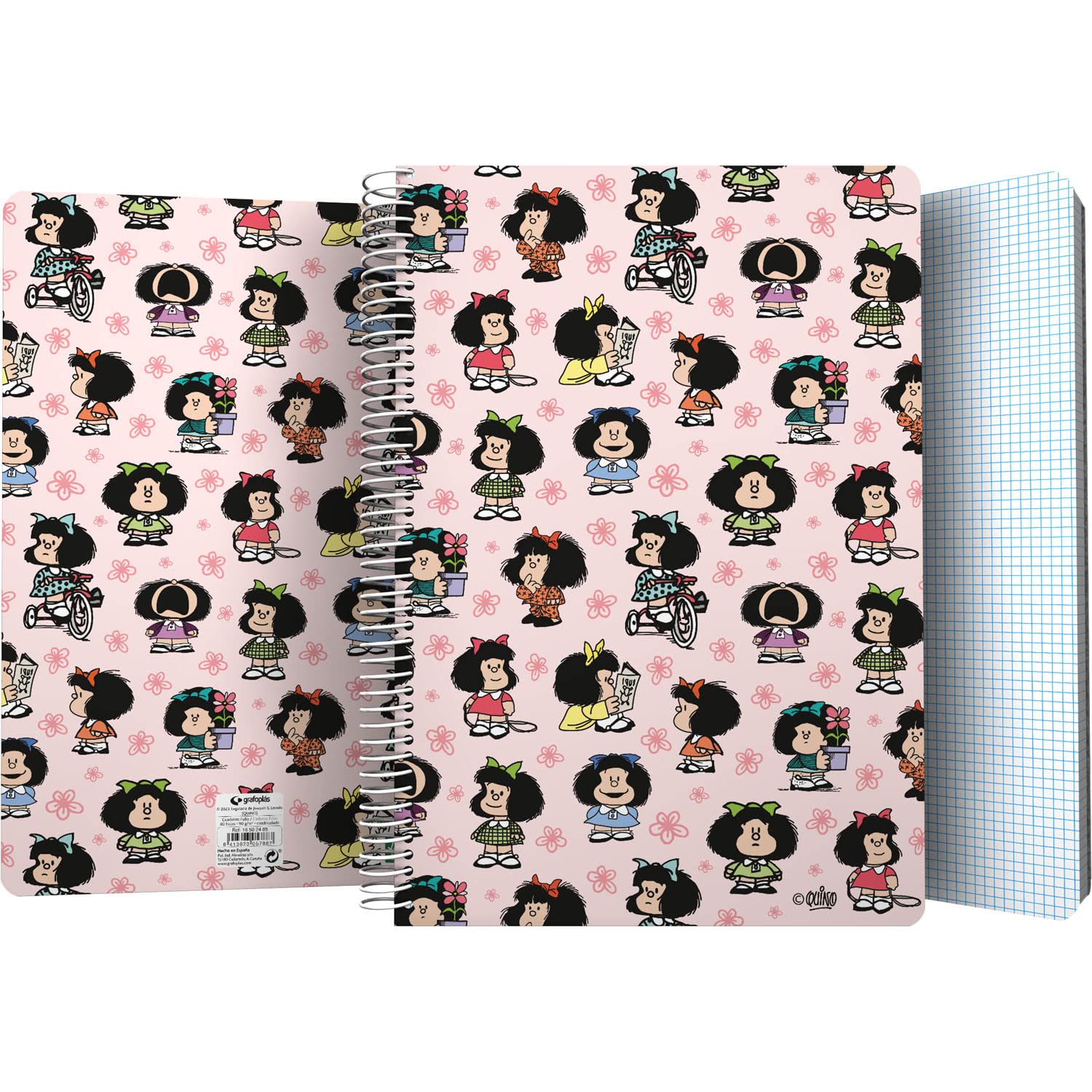 Grafoplás | Plastic Cover Notebook | 80 Squared Sheets 4x4 90 g | Folio Size | Spiral | Unique Mafalda Design Collection | FSC Certified