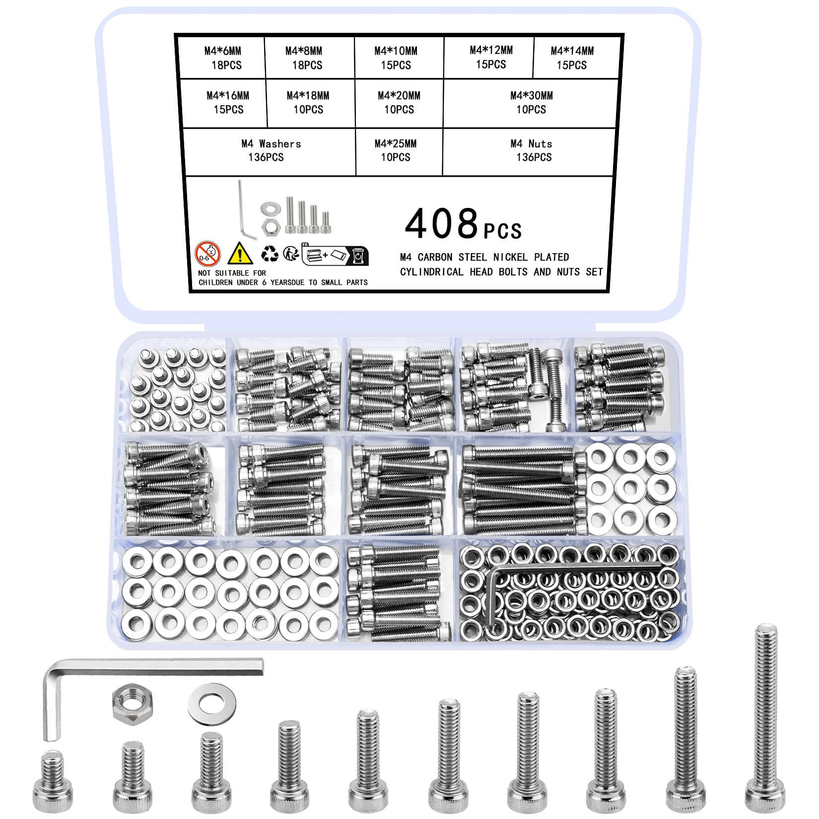 Ewwtrey 408 Pcs M4 Bolts and Nuts Set, Nuts and Bolts Set, Hex Socket Cap Head Screws and Washers Assorted Kit, Machine Screws for Bicycle Motorcycle Fastener Repair(Silver M4)