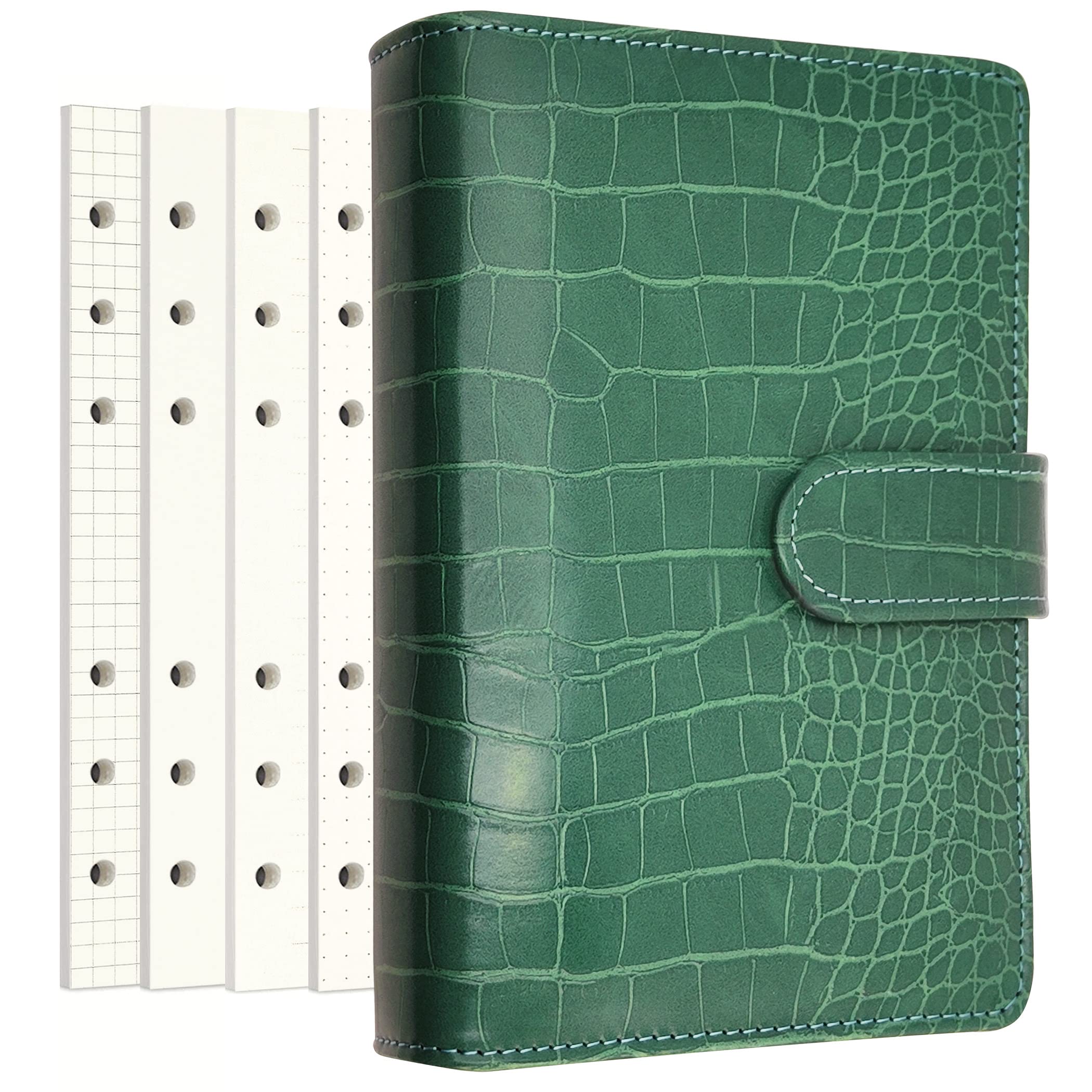 Zelten PU Leather Personal Notebook Planner with 80 Pages Loose-Leaf Papers 6 Holes Ring Binder Pen Holder Magnetic Buckle (Green Faux Crocodile Texture,A6 Mini)