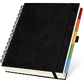Hardcover Leather Lined Spiral Notebook 8x10" with Removable Dividers - Black - 300 Pages 5 Subject College Ruled Notebook for Work with Tabs, Pockets, and Pen Loop for Note Taking, Large Journal