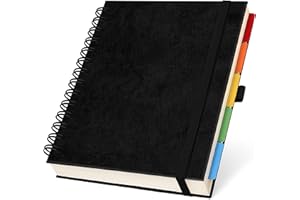 OF A HAPPY KIND Hardcover Leather Lined Spiral Notebook 8x10" with Removable Dividers - Black - 300 Pages 5 Subject College Ruled Notebook for Work with Tabs, Pockets, and Pen Loop for Note Taking, Large Journal