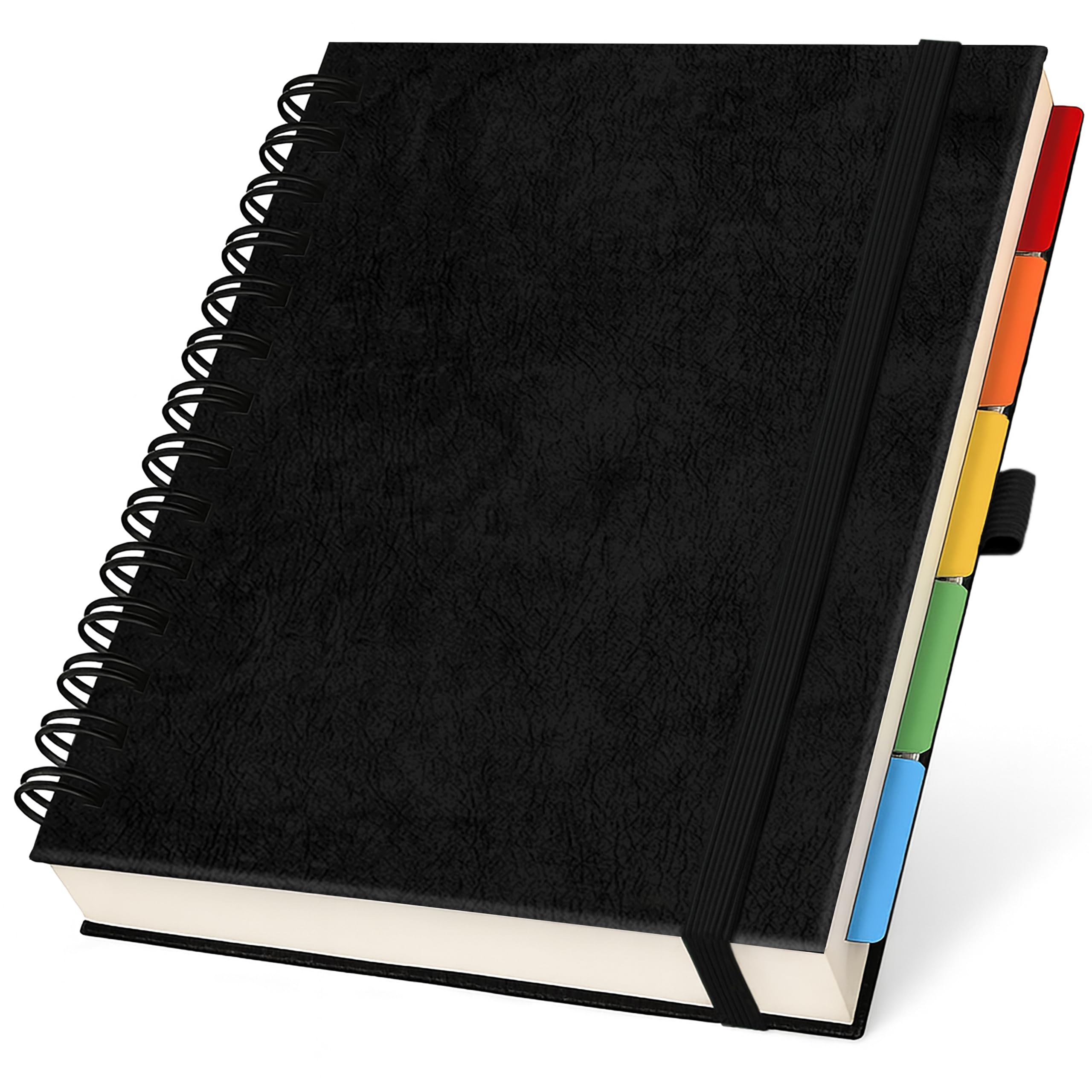 Photo 1 of Hardcover Leather Lined Spiral Notebook 8x10" with Removable Dividers - Black - 300 Pages 5 Subject College Ruled Notebook for Work with Tabs, Pockets, and Pen Loop for Note Taking, Large Journal
