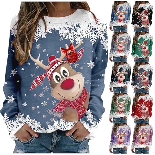 womens christmas jumpers,Christmas Jumpers for Women UK Xmas Autumn Winter Sweatshirts Ladies Tops Sweaters Trendy Fall Blouse Oversized Outfits Funny Hoodies Clothing,Blue,L