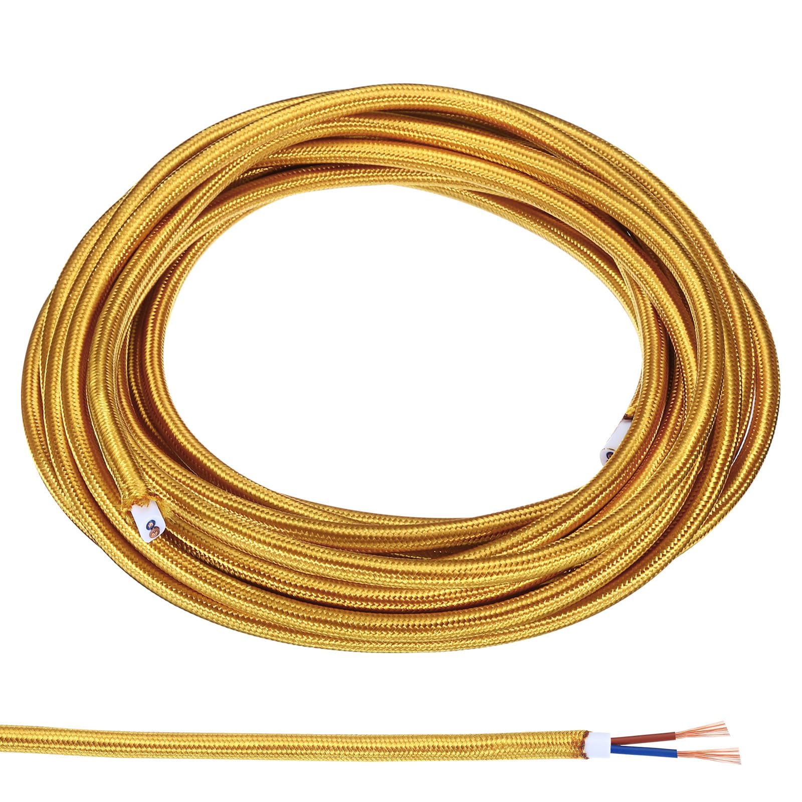 PATIKIL Fabric Cloth Covered Round Wire, 16.4ft 18AWG 2 Core Vintage Woven Electrical Cord for Pendant Light DIY Project, Golden