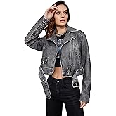 LY VAREY LIN Women Faux Leather Cropped Jacket Lapel Zipper Biker Short Coat with Belt