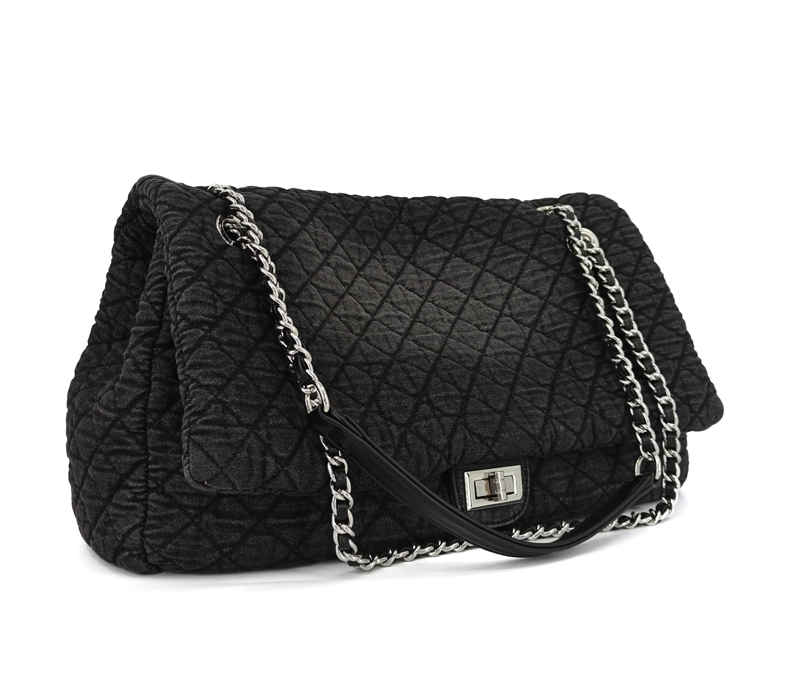 Photo 1 of **Similar item**
M-ioi-M Oversize Quilted Denim Purse, Extra Large Shoulder Bag for Women, Carry-all Crossbody Flap Tote Bag, Silver Chain Straps Trendy Hobo Jean Purse, Weekender Overnight Travel Bag(Washed Black,XL)