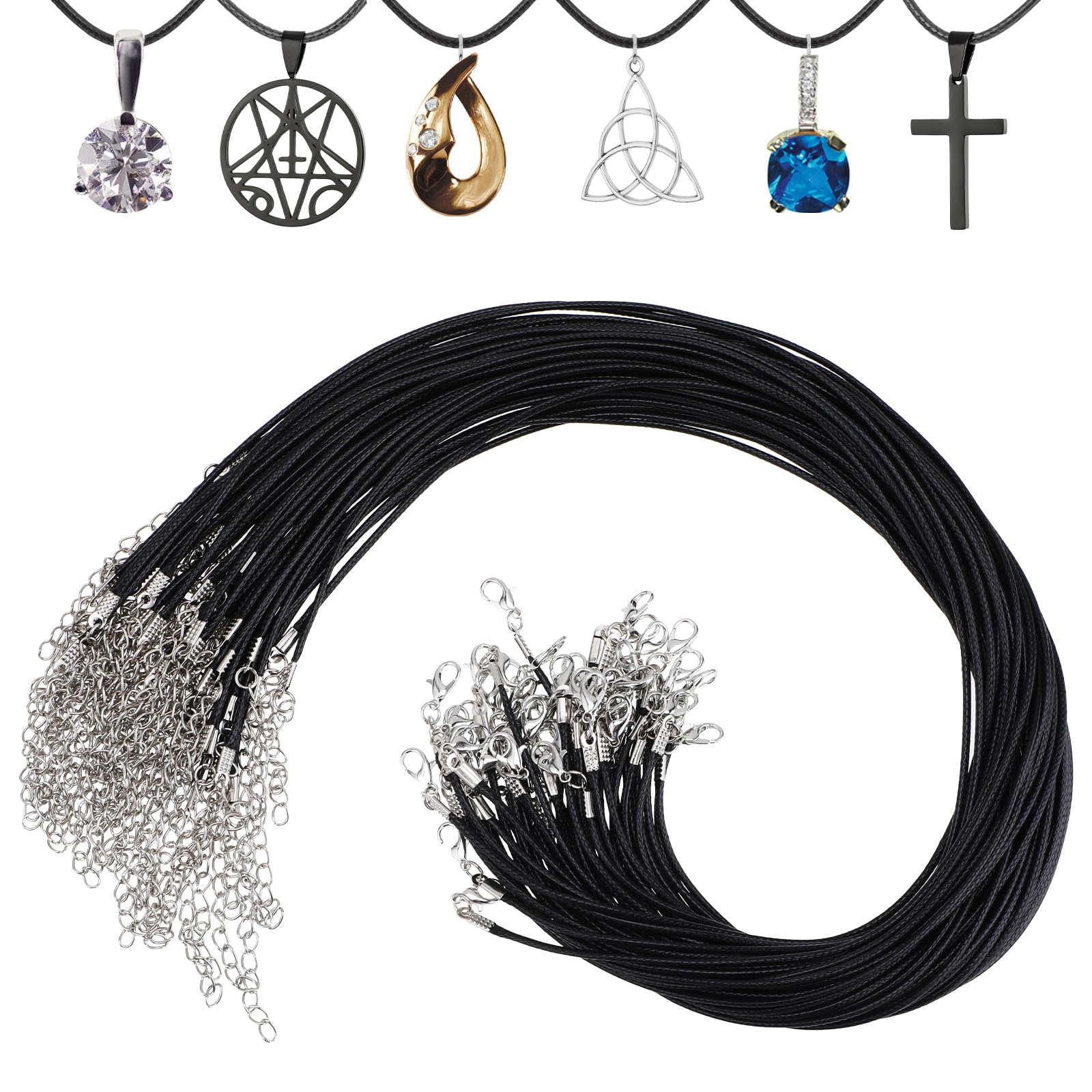 50 Pack Black Necklace Cord Necklace String Rope with Clasp Waxed Leather Cord for Charms Pendants Jewelry Making, 18 Inch
