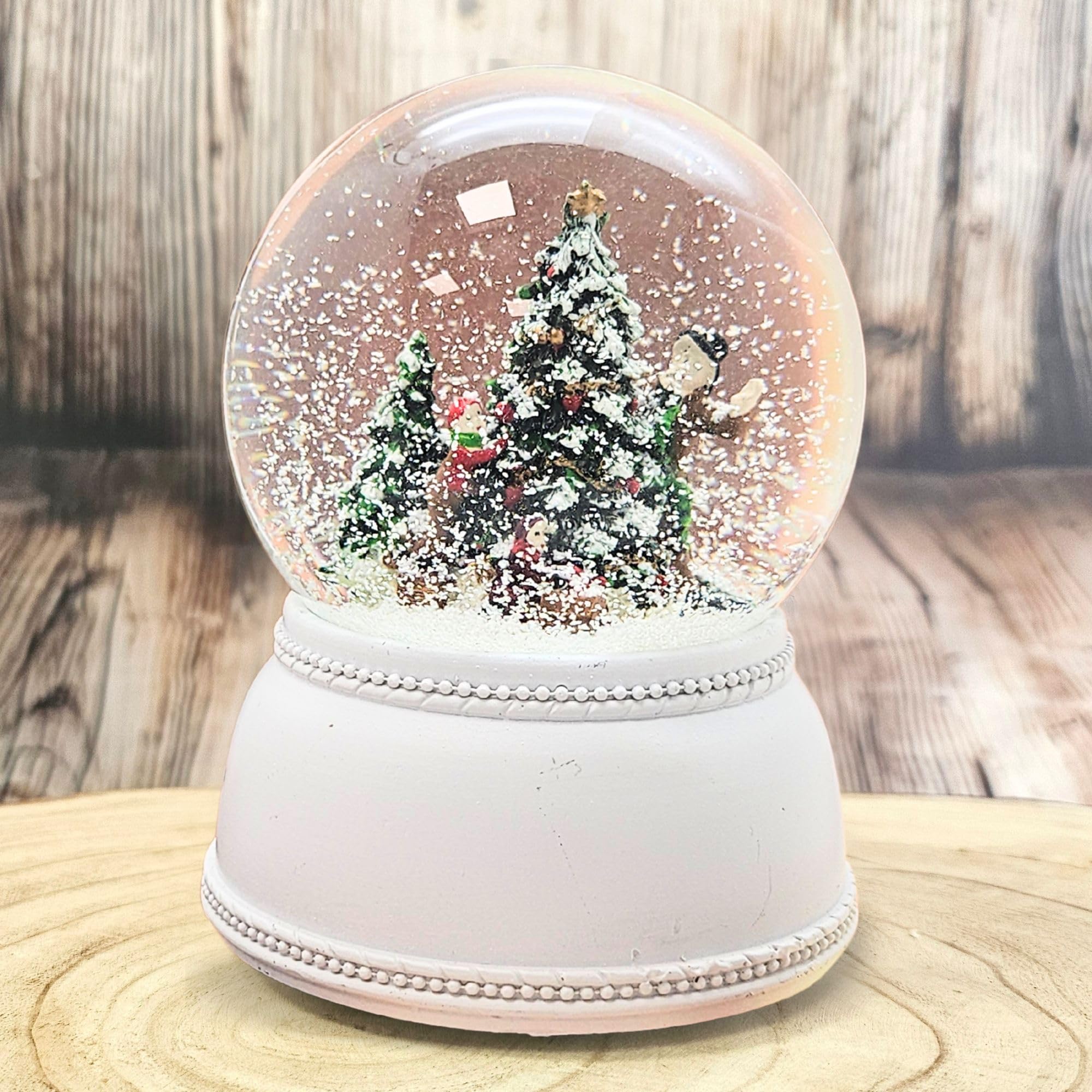 Snow Globe Christmas Tree Decorating | Base White Nostalgic | with Music Box | Shaking Ball Christmas Decoration | W: 10 cm H: 13 cm | 20271