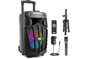 Pyle 880W Portable Bluetooth PA Speaker - 12" Rechargeable Outdoor Karaoke Party Speaker, Audio System w/Wireless Mic and Wheels, TWS, Party Lights, LED Display, 6.5mm Mic Input, FM/AUX/MP3/USB/SD