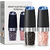 UNNEES Gravity Electric Salt and Pepper Grinder set of 2, Automatic Salt And Pepper Grinder Set, Adjustable Roughness, Battery Powered, LED Light, 2 Pack, (Black)