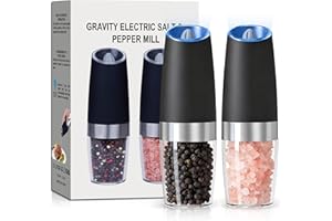UNNEES Gravity Electric Salt and Pepper Grinder set of 2, Automatic Salt And Pepper Grinder Set, Adjustable Roughness, Battery Powered, LED Light, 2 Pack, (Black)