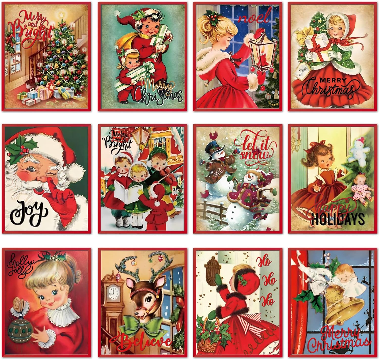 Wall Décor - 12 Pcs Christmas Wall art Vintage Xmas Wall Picture Decor Holiday Santa Snowman Girl Retro Art Poster for Modern Family Home Living Room Bedroom Merry Christmas Winter Painting Decor 8 x 10 Inch