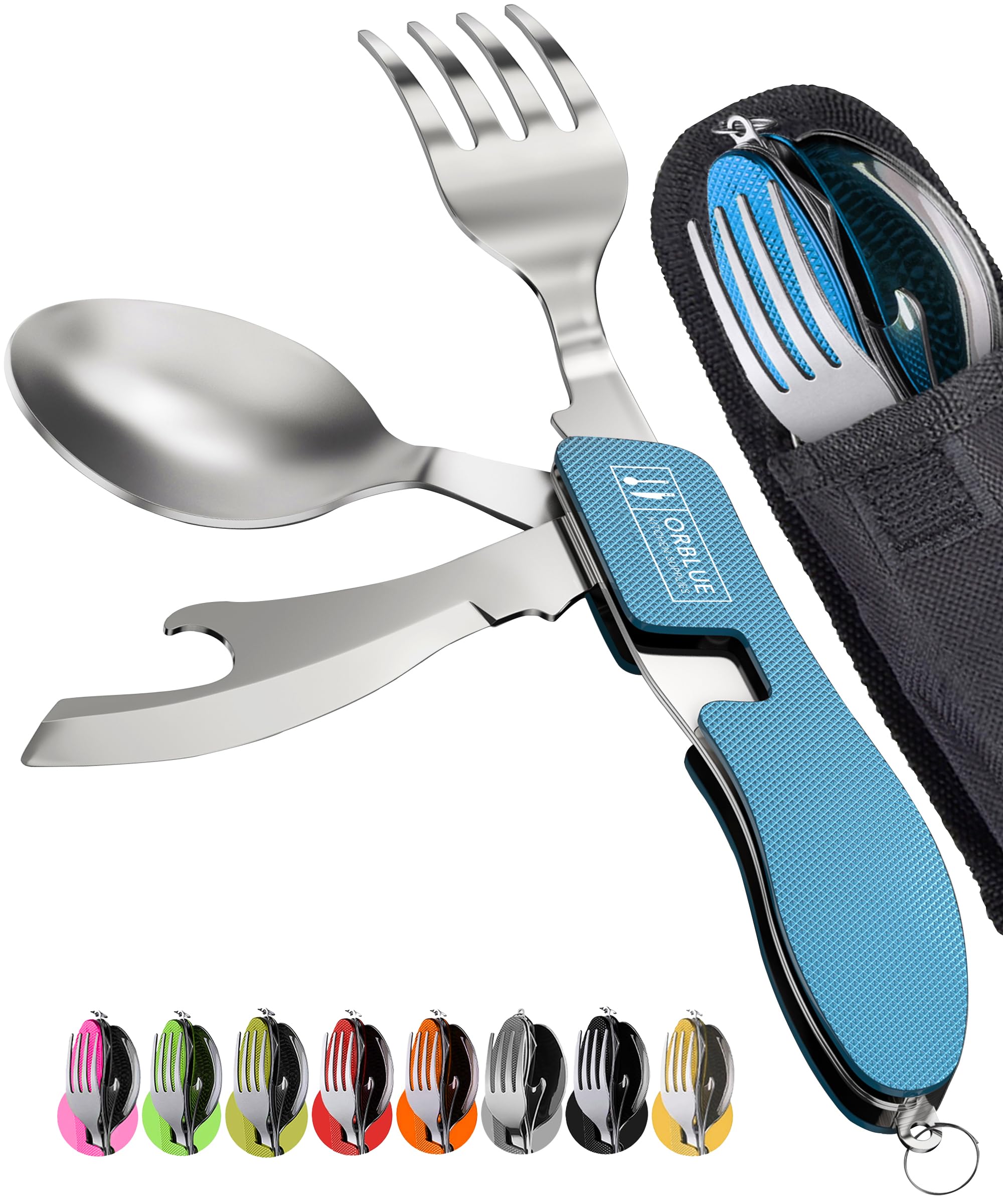 ORBLUE 4-in-1 Camping Cutlery Set 2-Pack – Stainless Steel Foldable Spoon Fork Knife Bottle Opener with Pouch – Portable Travel Cutlery & Camping Utensils for Hiking & Outdoor Use – Blue