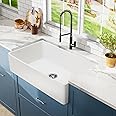 33 inch White Farmhouse Sink, Hausinluck Fireclay Apron Front Farm Kitchen Sinks Farmhouse Ceramic Porcelain Single Bowl Deep Large Capacity Kitchen Sink with Stainless Steel Grid and Strainer