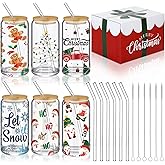 Umigy 6 Pcs Christmas Gift Glasses Cups 16oz Christmas Can Shaped Cups with Bamboo Lids Santa Gingerbread Holiday Drinking Glasses for Iced Coffee Hot Cocoa Bar Cocktails, Xmas Party Gifts for Holiday