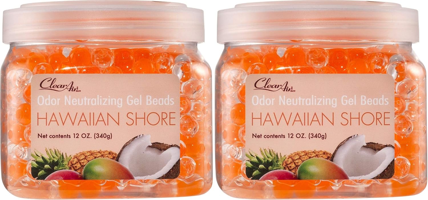 Clear Air Odor Eliminator Gel Beads - Air Freshener - Eliminates Odors in Bathrooms, Cars, Boats, RVs and Pet Areas - Made with Natural Essential Oils - Hawaiian Shore Scent - 2 Pack (2 x 12 OZ)