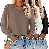 Ficerd 3 Pack Women's Crop Long Sleeve Tops V Neck Loose Cropped T Shirts Drop Shoulder Casual Basic Fall Winter Boxy Tees