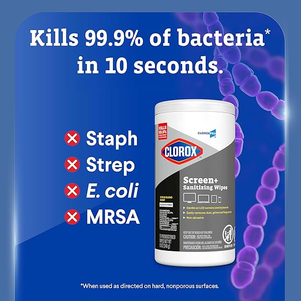 CLOROXPRO CLOROX SCREEN+ SANITIZING WIPES, BLEACH FREE CLEANING WIPES, CITRUS BLEND SCENT, 75 COUNT