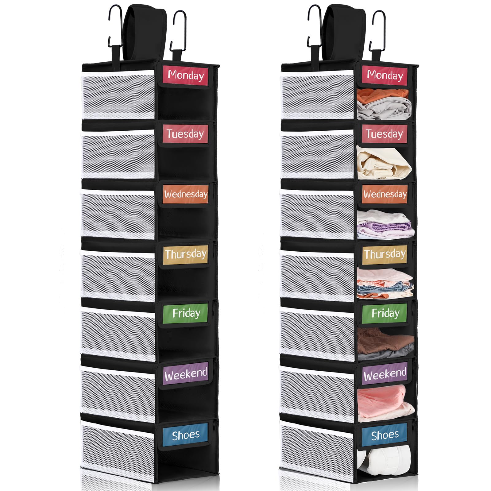 Photo 1 of Yeyeplum 2 Pack 7 Shelf Weekly Clothes Organizer Hanging Closet for Kids with Side Pockets Weekday Shoes Rack Weekly Clothes Organizers Monday Through Weekend Foldable Storage Shelves(Black)