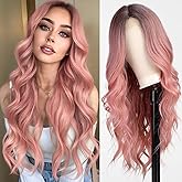 starluck Long Ombre Pink Wavy Wig for Women 26 Inch Middle Part Curly Wig Natural Looking Synthetic Heat Resistant Fiber Wig for Daily Party Use