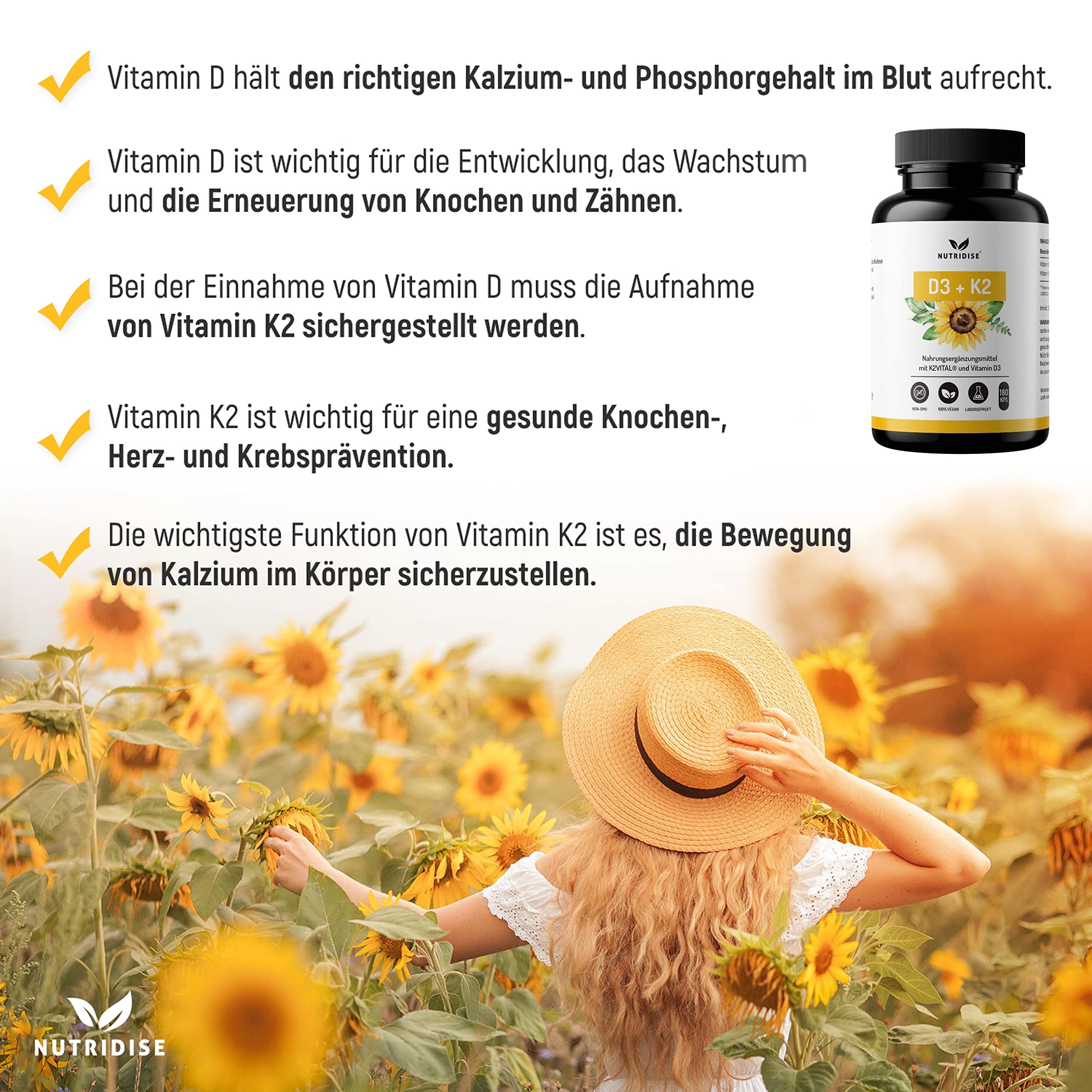Nutridise Vitamin D3 + K2 Kapseln – 1000 IE D3 + 100 µg K2VITAL MK7 99,99% Trans-Form – optimales D3 / K2 Verhältnis - hochdosiert, laborgeprüft - 180 Kapseln 3