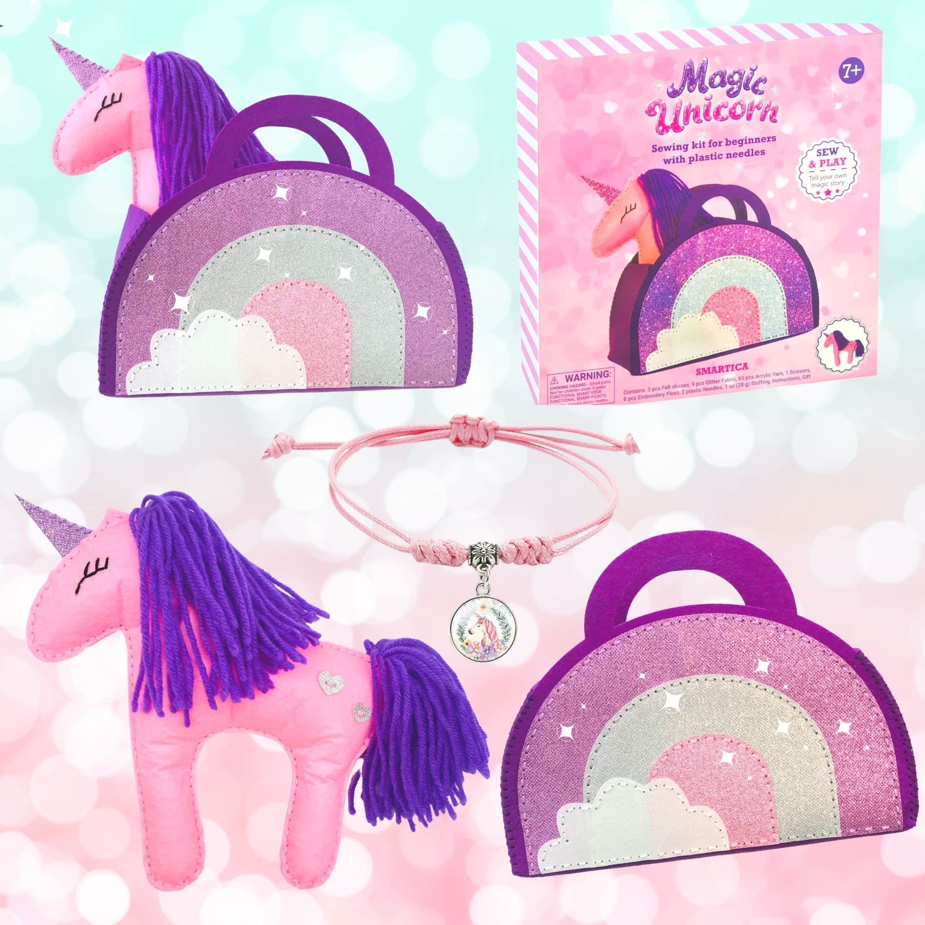 Sewing kit for kids Gift for Girls age 7 8 9 10 -Unicorn Sparkle Bag Sewing Kit for Kids – Learn to sew for Beginners –Birthday Present -Everything included -Simple Instructions - Safe Plastic Needles