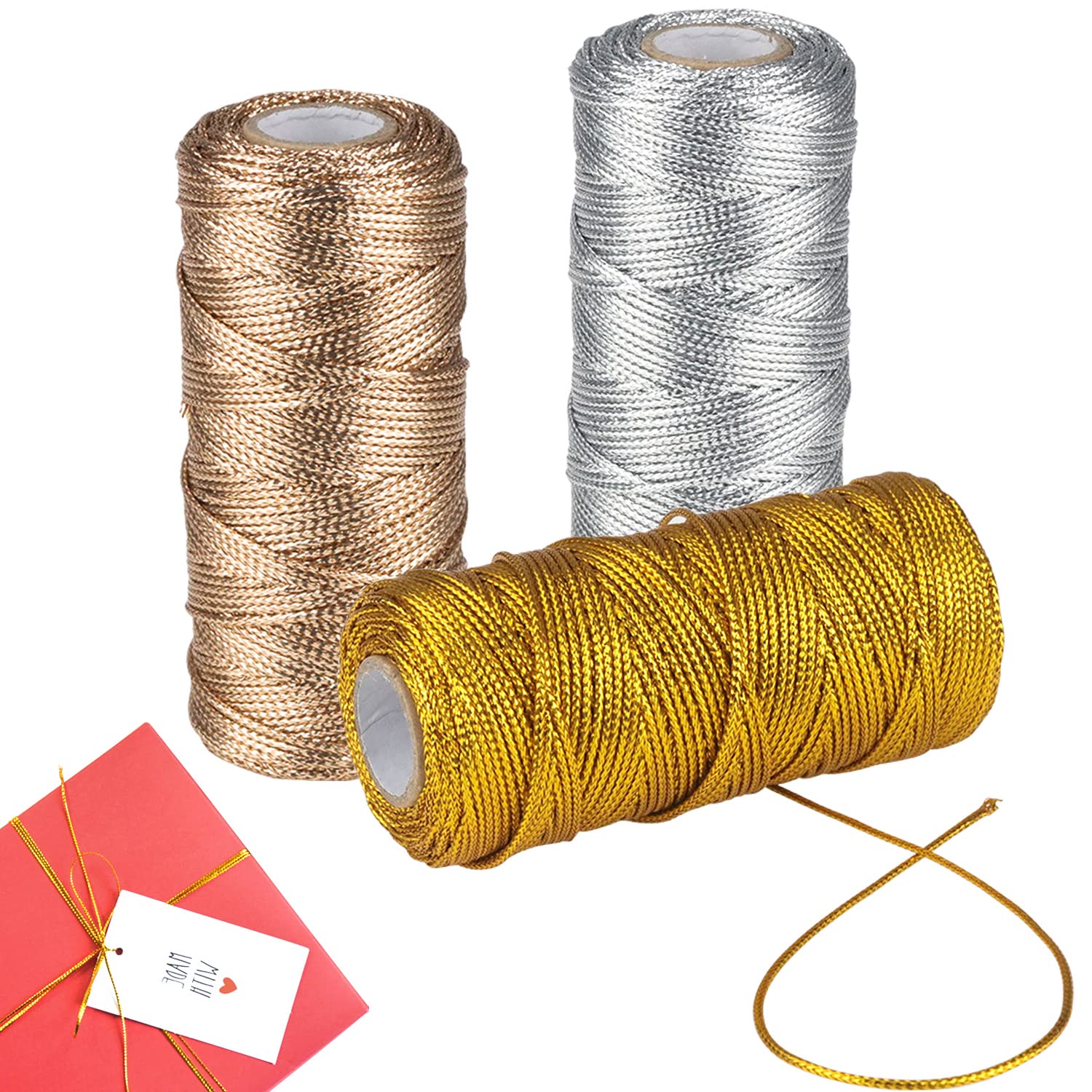 ZDNT 3 Rolls Gold Twine String Metallic String Gold Cord Metallic Tinsel Cord Thread for 100 m Thread Cord 1.5 mm Wide for Gift Wrap Decoration Crafts DIY,Wedding,Hanging Christmas Ornaments