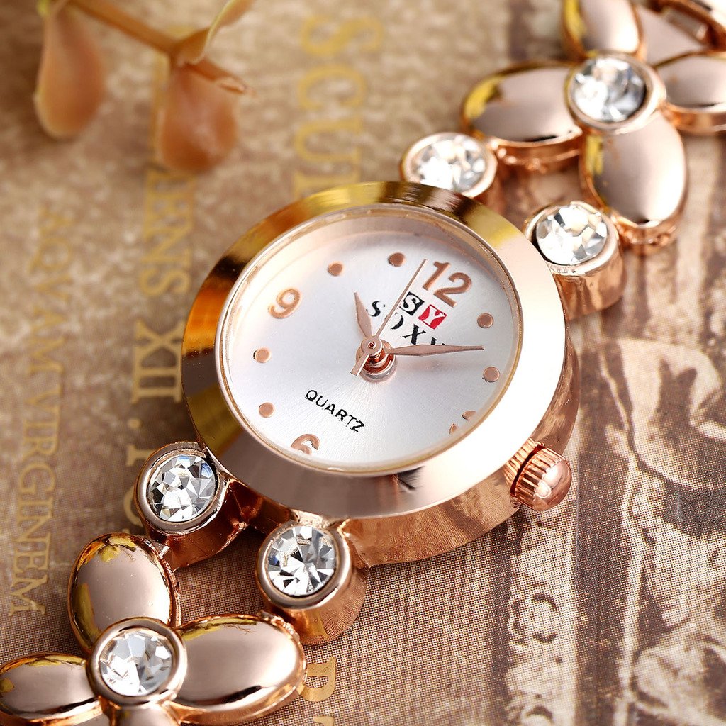 Top Plaza Fashion Womens Girls Crystal Accented Flower Design Rose Gold Metal Luxury Bracelet Watch