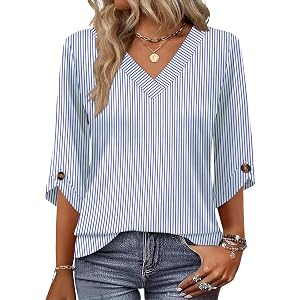 OFEEFAN 3/4 Length Sleeve Womens Tops Dressy Casual Blouses V Neck T Shirts Summer Tops Spring Outfits Loose Fit