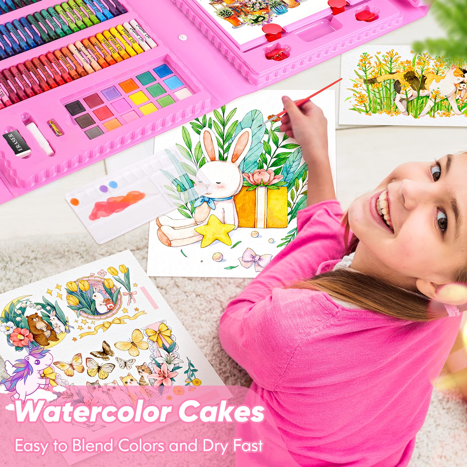 Soucolor Easter Gifts for Kids Teens Girls Boys Ages 4, 6, 8, 10, 12, 283 Pieces Drawing Set Art Kits with Trifold Easel, 2 Drawing Pads, 1 Kids Activity Coloring Book, Crayons, Pastels, Watercolor