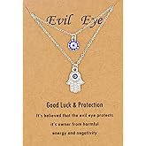 Baydurcan Dainty Evil Eye Necklace and Hamsa Necklace Turkish Blue Eye Hand Pendant Necklace 3pcs Lucky Jewelry Gift for Women