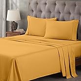 Superior Egyptian Cotton 400 Thread Count Bed Sheet Set, 1 Elastic Deep Pocket Fitted Sheet, 1 Flat Sheet, 2 Pillowcases, Soft Bedding, Luxury Sheets, Sateen Weave, Queen Size, Gold