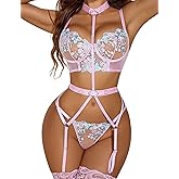 Avidlove Garter Lingerie Sets for Women Sexy with Removable Choker Floral Embroidered Underwire Lingerie (No Stockings)