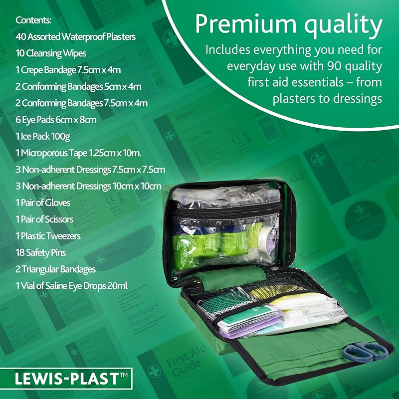 Lewis-plast Trousse De Premiers Soins À Garder Dans Votre Voiture, À La Maison, Au Travail, En Vacances - Comprend L'essentiel Pour Les Situations D'urgence Quotidiennes, 90 Pièces (lot De 1)