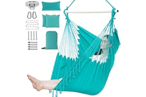 PNAEUT Hammock Chair Swing with Handmade Tassel, Hand-Crafted Hanging Indoor and Outdor (Aqua)