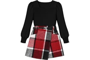 Doumlop Girls Skirt Set 3 Piece Outfits Long Sleeve Tops and Plaid Mini Skirt Shorts with Belt Fall Winter Clothes