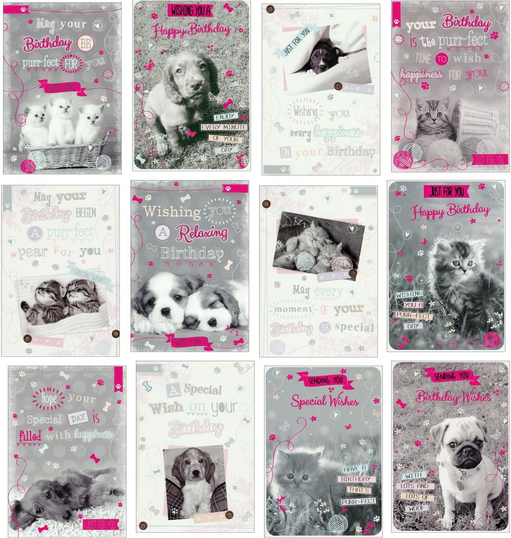 12 Adorable Puppies and Kittens Birthday Cards