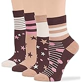 7BIGSTARS KINGDOM Women's Cotton Diabetic Quarter Patterned Socks - 4 Pack Medium-Extra Wide Star, Stripe, Polka Dot - Sock Size 9-11 Shoe Size 5-9 M Brown, Beige, Ecru