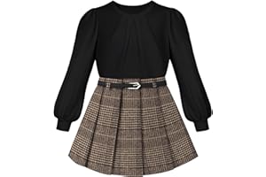 Aulyffo Girl Skirt Sets 3 Piece Girls Clothes Crew Neck Ruched Lantern Sleeve Tops Plaid Mini Skirts Fall Winter Outfit 6-12T