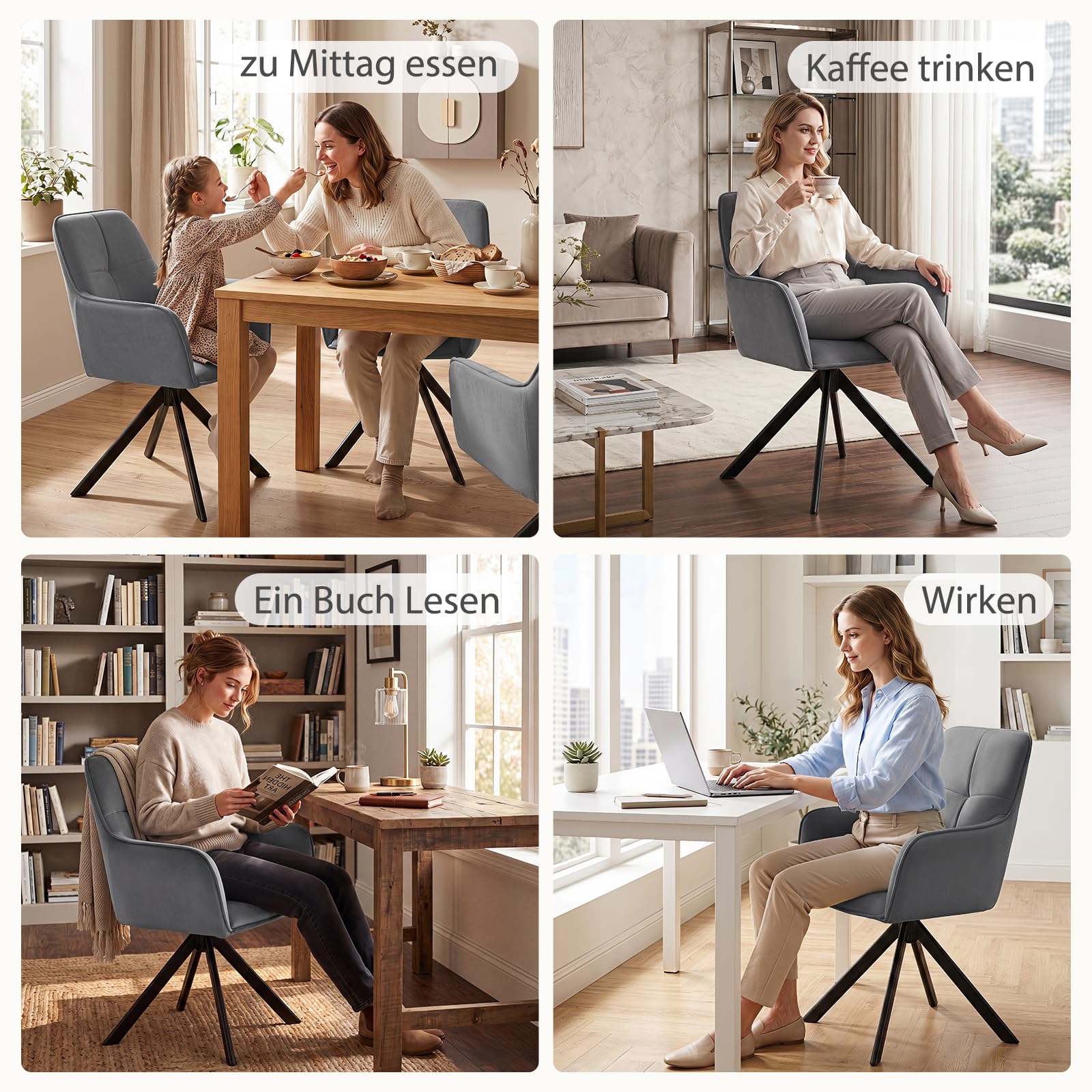 Ckaff Esszimmerstühle Drehbar 6er Set mit Armlehne, 360°Drehbar Polsterstuhl Samt Modern Drehstuhl Küchenstuhl mit Metallgestell und Rückenlehne für Esszimmer, Wohnzimmer, Büro, Dunkelgrau 3