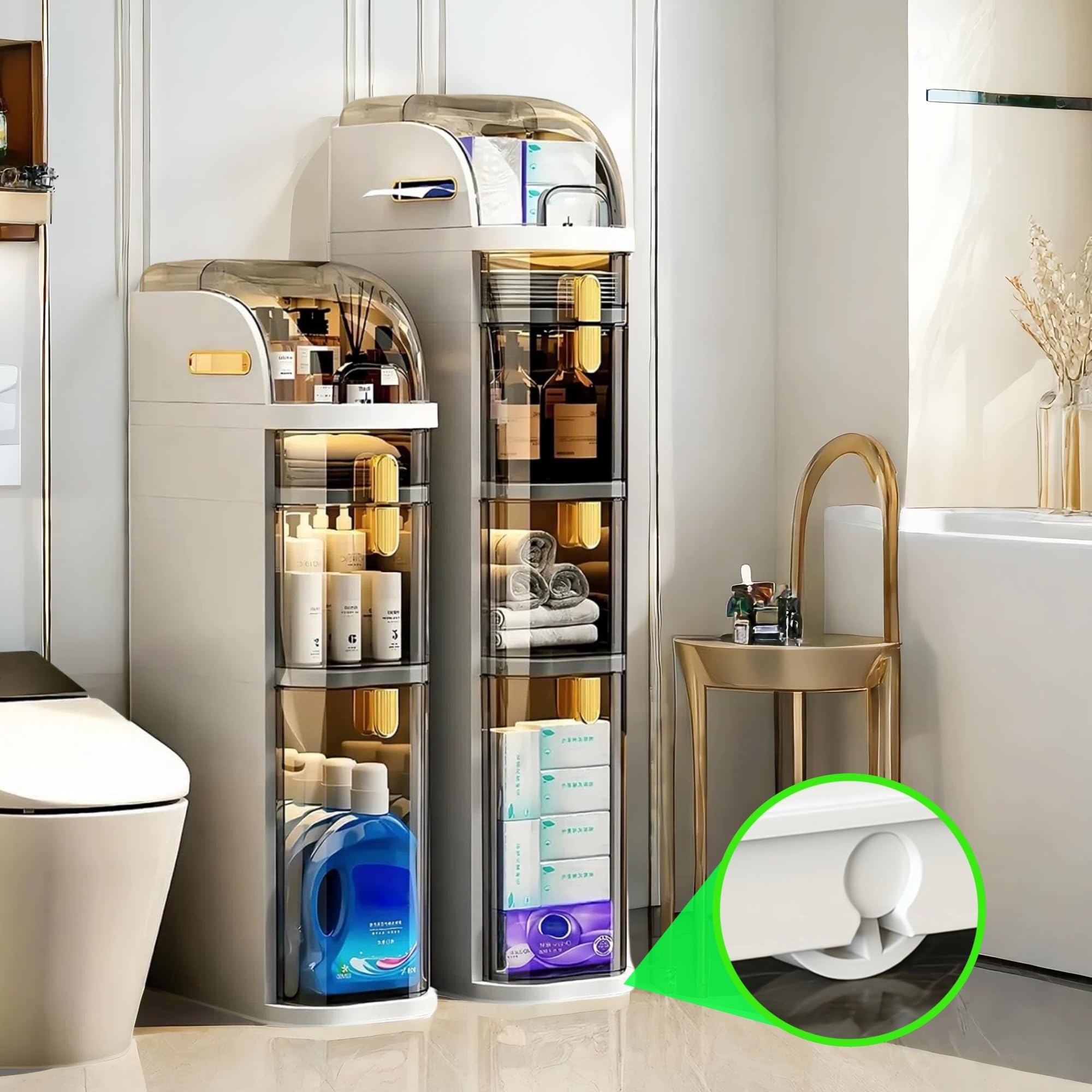 Photo 1 of 3-Tier Slim Bathroom Storage Cabinet, Waterproof Narrow Floor Bathroom Cabinet with Drawers & Toilet Paper Holder, Movable Storage Organizers for Small Space, Kitchen, Laundry, Out of the Box