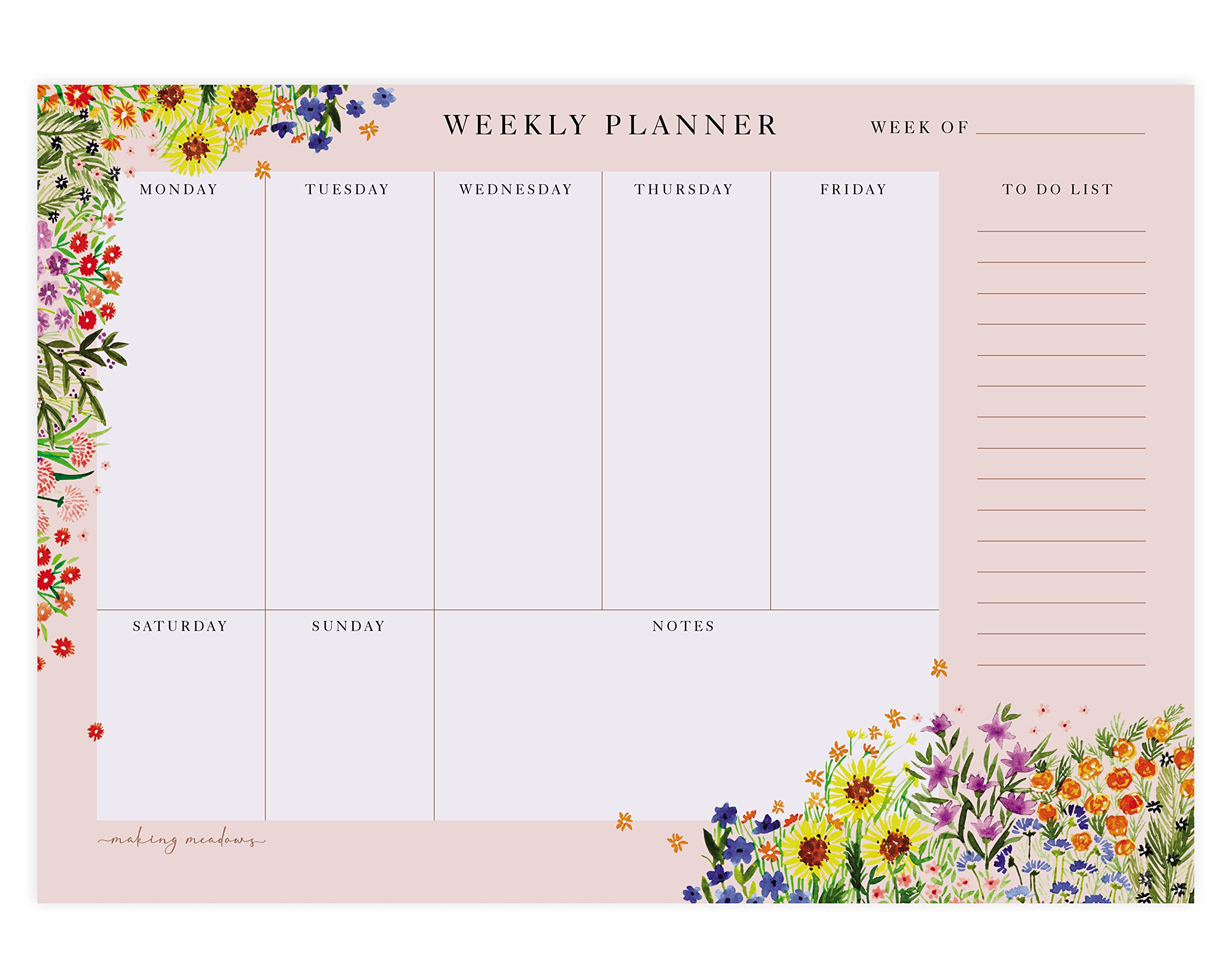 Making Meadows | Pink Floral Weekly Planner Pad | Flower A4 Tear Off Week Planning Pad Notepad with Daily Schedule & To Do List | 50 Undated Sheets & 100gsm Paper | Premium Stationery