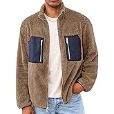 Yousify Mens Fuzzy Sherpa Jacket Casual Fleece Full Zip Stand Collar Coat Fall Winter Warm Outwear