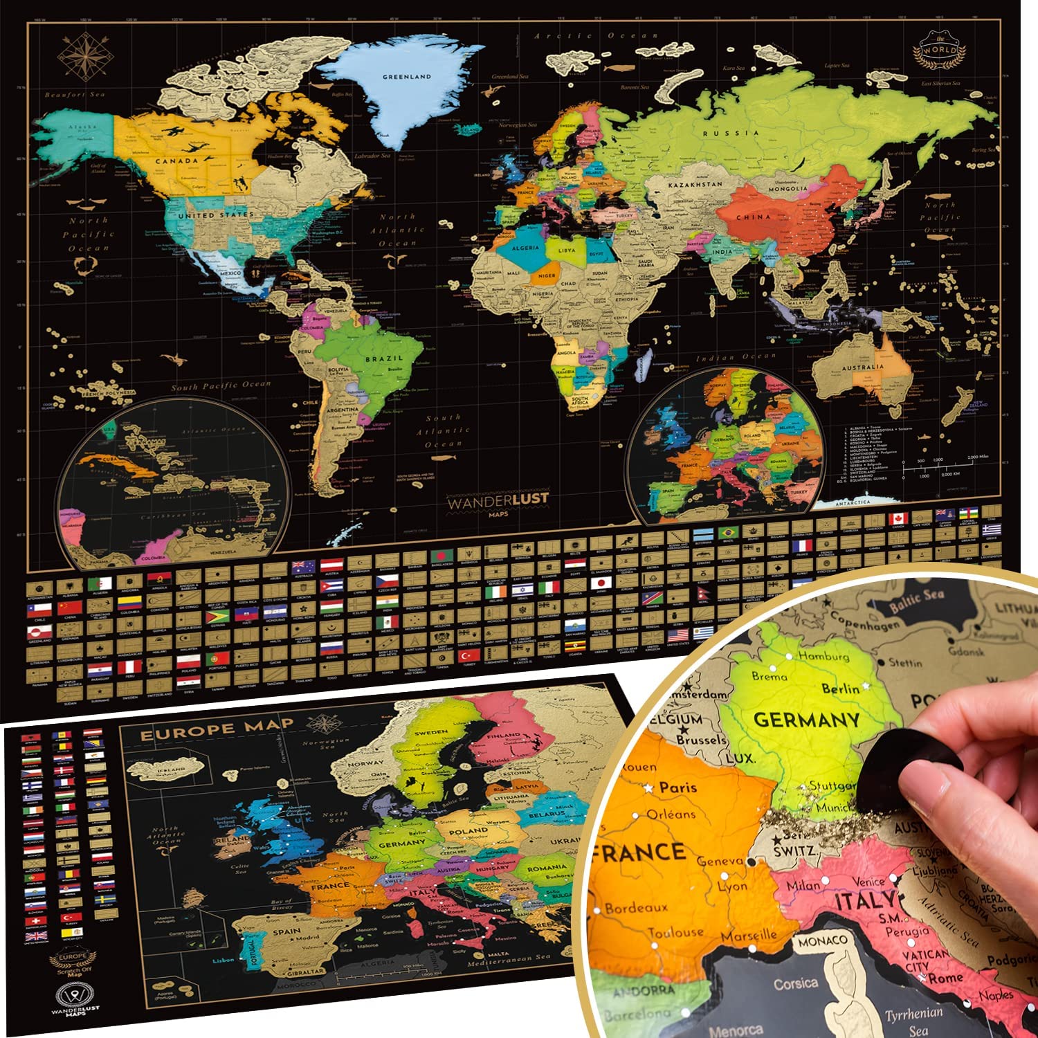 Two Scratch Off Maps - Scratch Off World Map + Europe Map - Deluxe Scratch-Off International Posters with Colourful Countries, Capitals, Cities, Landmarks, Cartography - Travel Gift - Made in Europe