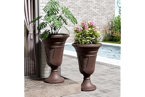 FONTOI 23" Tall Plastic Urn Planter (2-Pack) – Planters for Outdoor Plants with Drainage Holes & Trophy Design, Heavy-Duty Classic Indoor Large Flower Pots for Home Garden, Front Porch & Decor, Brown