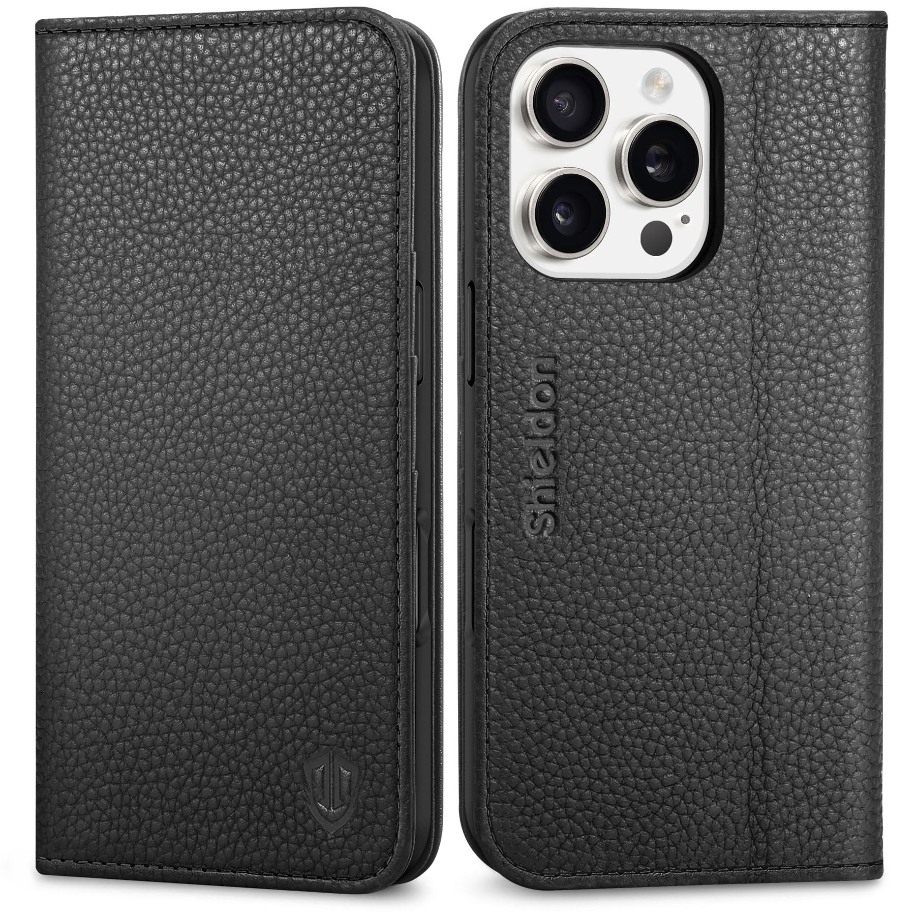 Photo 1 of SHIELDON Case for iPhone 16 Pro 5G, Genuine Leather Wallet Flip Magnetic Cover RFID Blocking Card Slots Carry-All with Kickstand Shockproof Case Compatible with iPhone 16 Pro 2024 - Pebbled Black