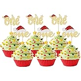 24Pcs Christmas One Cupcake Toppers Gold Glitter First Birthday Party Cupcake Picks Baby Shower Christmas Theme 1st Birthday Party Cake Decorations Supplies