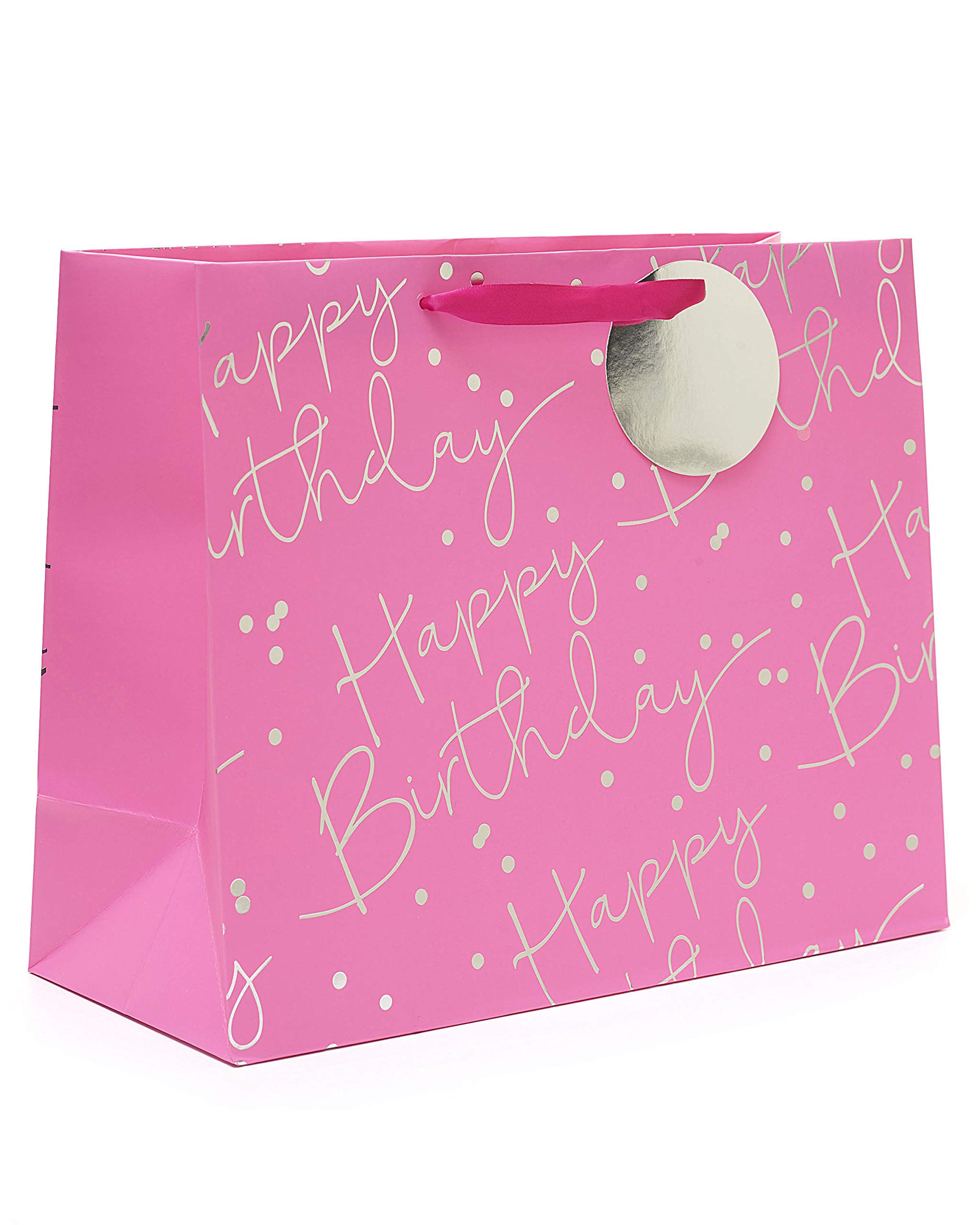 UK Greetings | Large Birthday Gift Bag for Her/Friend | Party Bags for Presents | Birthdays/Weddings/Mother's Day | Pink & Silver Design | 33 x 26.7 x 13.7 cm